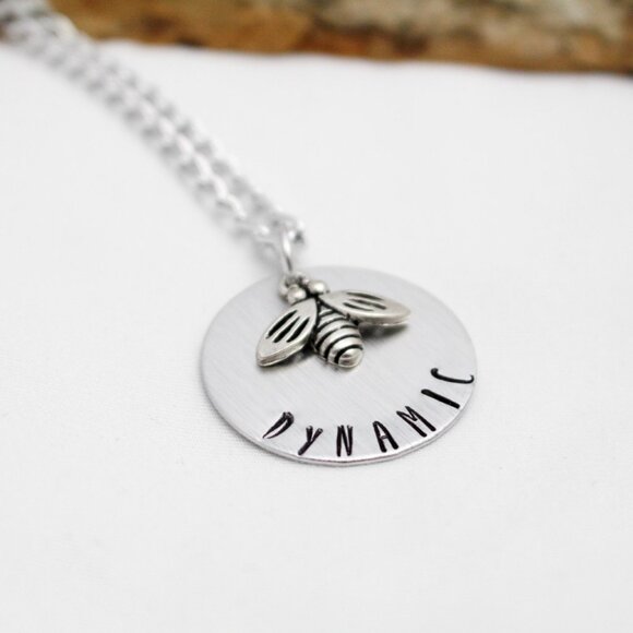 Bee Dynamic Hand Stamped Necklace - 18" Chain - Handmade & Hypoallergenic - Picture 4 of 6